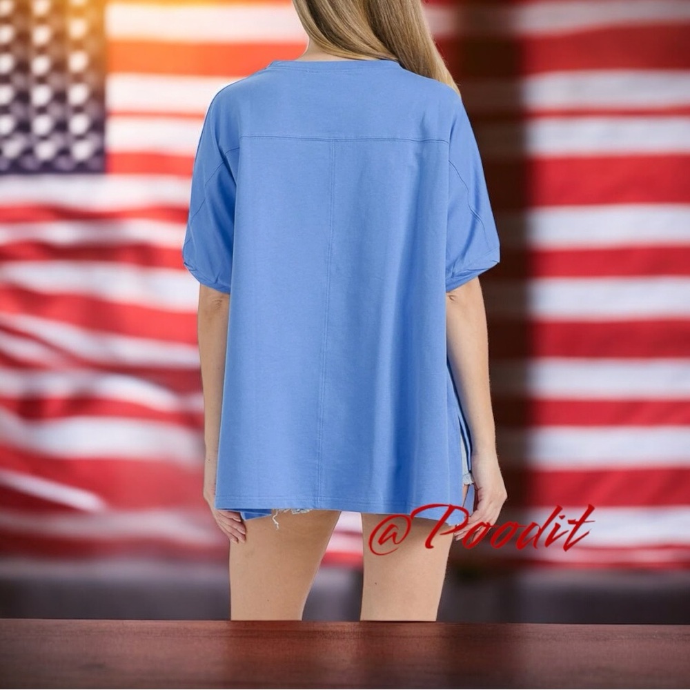 FANTASTIC FAWN Blue sequin Cocktail Graphic French Terry T-Shirt S M L - Picture 6 of 10